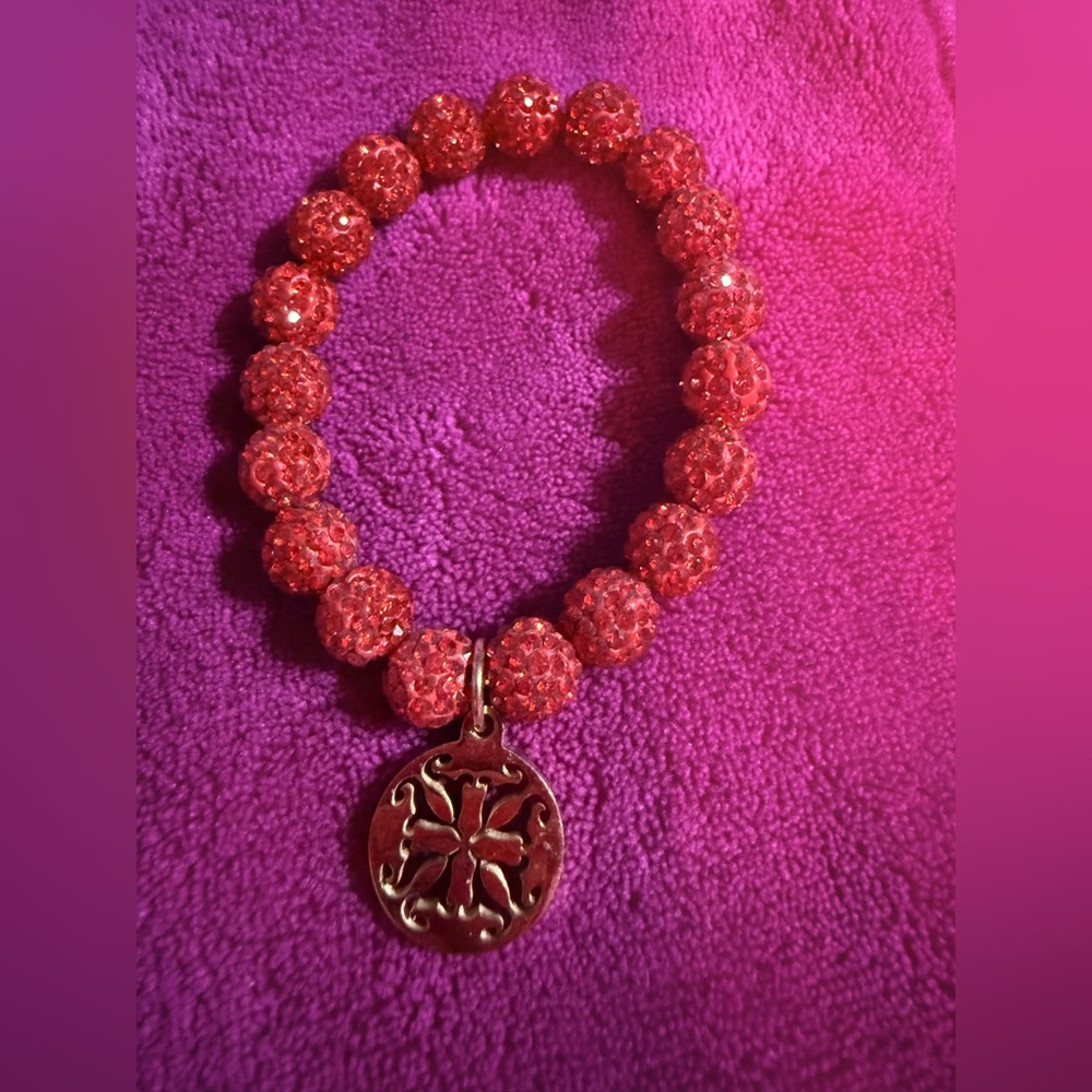Rustic Cuff Hot Pink Beaded Bracelet with Gold Charm